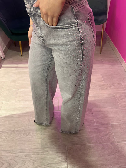 JEANS CON STRASS LATERALI GRIGIO