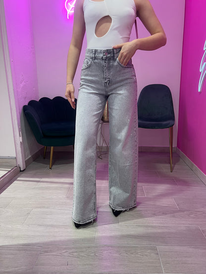 JEANS CON STRASS LATERALI GRIGIO